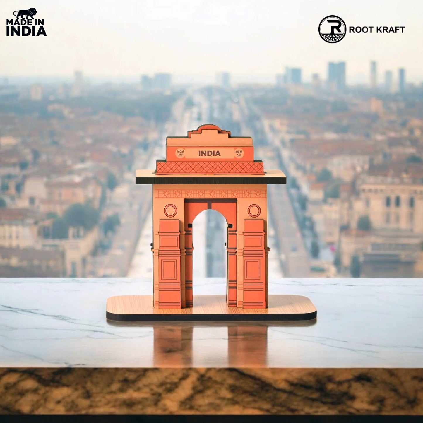 India Gate Wooden Desk Organizer with Test Tube Planter, Pen Stand & Visiting Card Holder | Table Top Patriotic Souvenir | Independence Day Gift