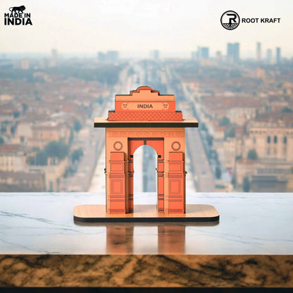 India Gate Wooden Desk Organizer with Test Tube Planter, Pen Stand & Visiting Card Holder | Table Top Patriotic Souvenir | Independence Day Gift