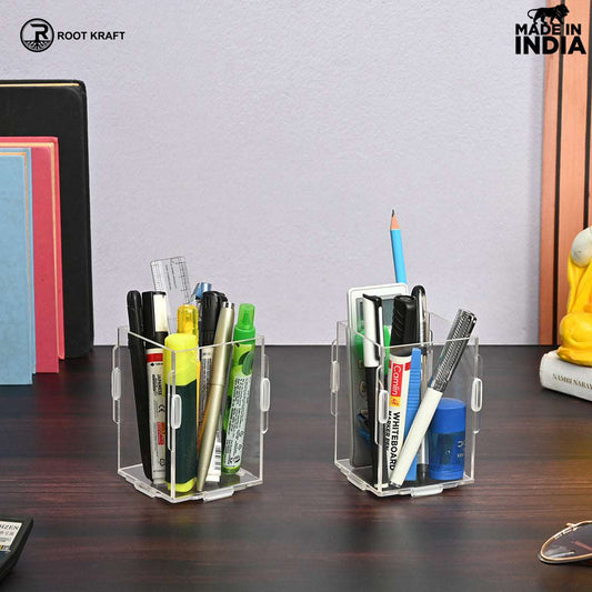 Desk Organizer 2 & 4 Piece Acrylic Pen Holder | Crystal Clear Pencil Holder | Stationery Organizer