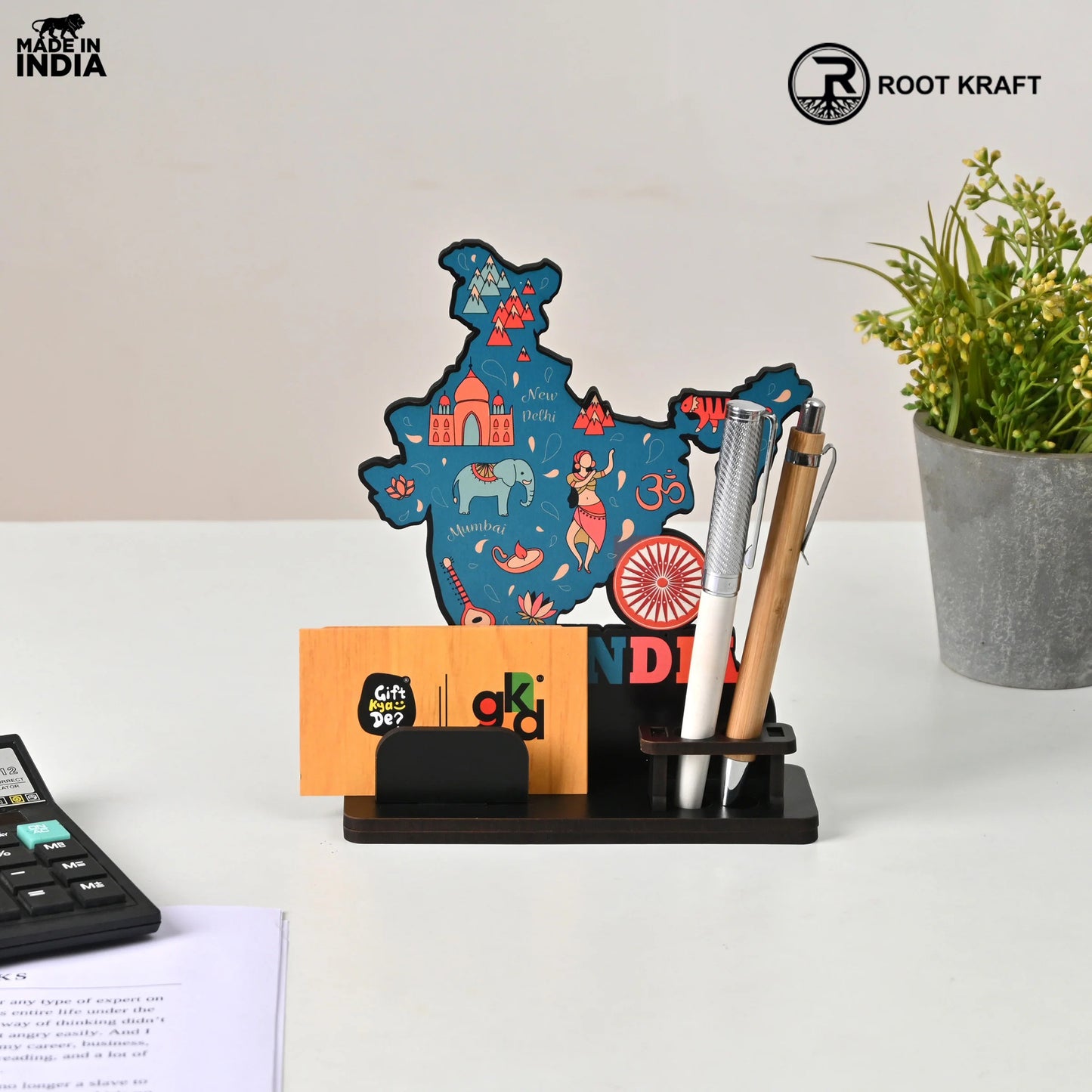 India Map Desk Table Top with Pen Holder & Visiting Card Stand – Showcasing Iconic Places, Pride Animals, and Culture | Patriotic Gifts for Republic Day & Independence Day