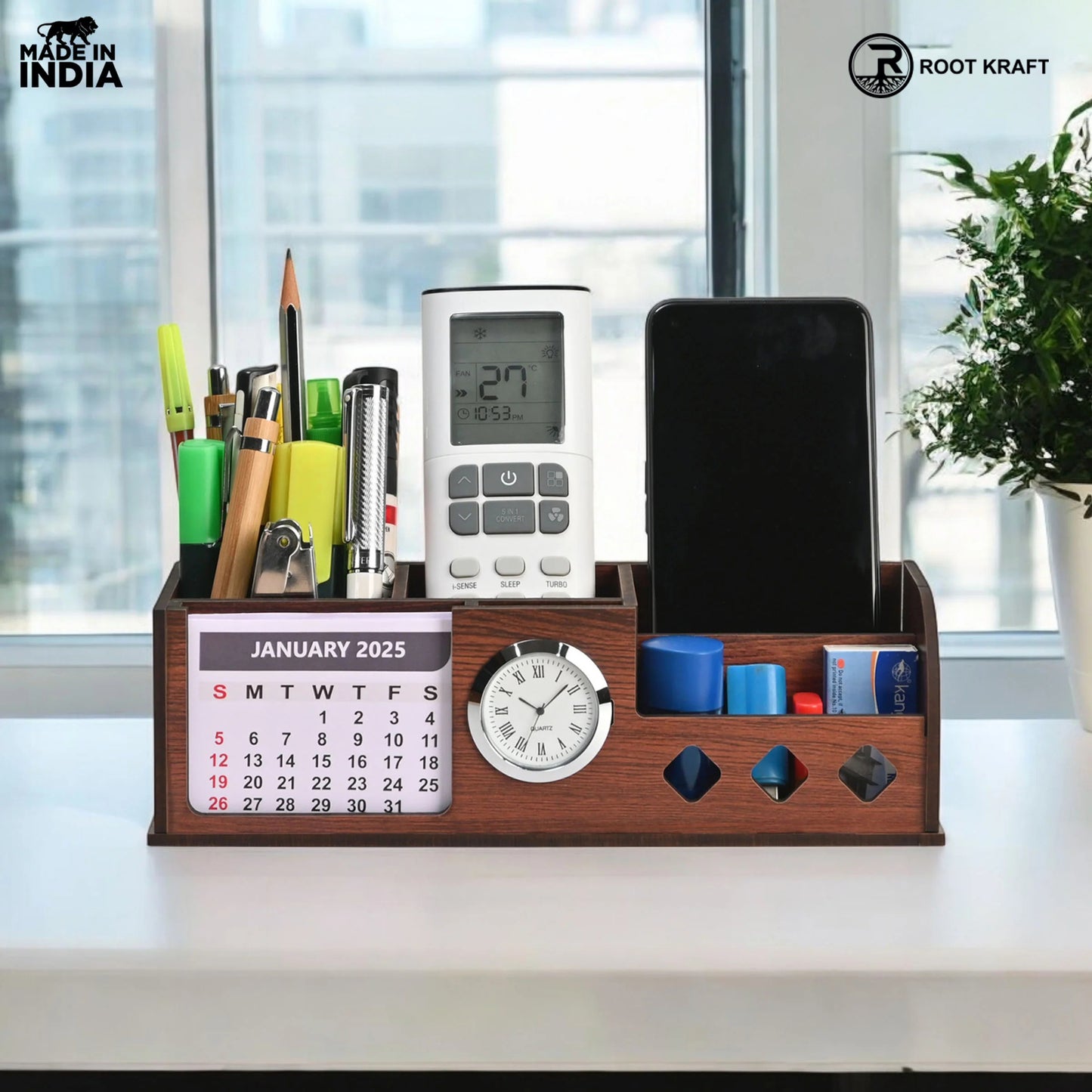 Wooden Desk Organizer with Calendar, Clock and 4 Compartments for Stationery, Mobile and Remote | Tabletop Organizer for Office and Home Use