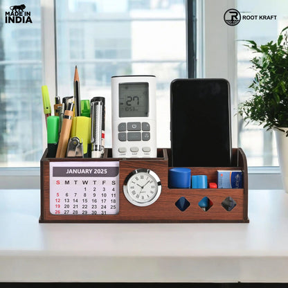 Wooden Desk Organizer with Calendar, Clock and 4 Compartments for Stationery, Mobile and Remote | Tabletop Organizer for Office and Home Use