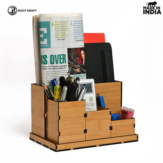 Wooden Multipurpose Desk Organizer | Table Clock | 4 Compartment Organizer