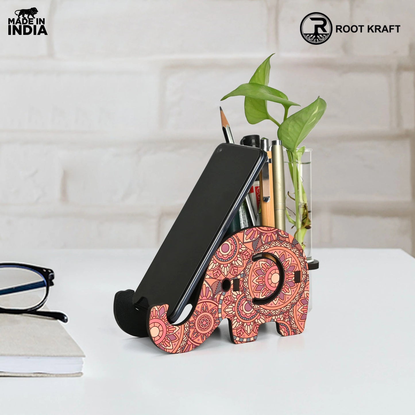 Elephant Shaped Wooden Pen Holder & Mobile Stand | Mandala Art Design | Also with Test Tube Planter