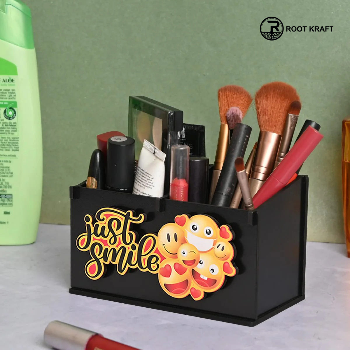 2 Compartment Funky Cosmetic Organizer | Desk Organizer For Girls | Makeup Box With Smileys And Emoji (Eco Friendly)