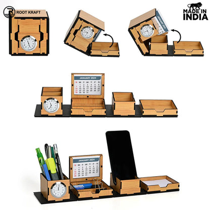 Foldable All in One Office Desk Organizer With Clock, Calendar 2025 & Mobile Stand | Desk Accessories