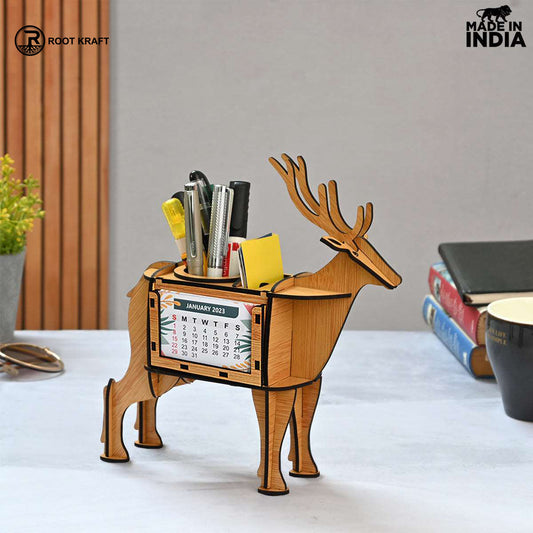 Deer Showpiece | Desk Organizer With Clock & Calendar 2024 | Home & Office Decor