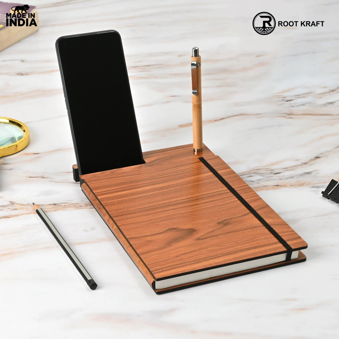 Wooden Smart Diary with Mobile Holder & Pen Stand | Includes Wooden Pen | Useful Gift For Office, Corporate & Personal Use