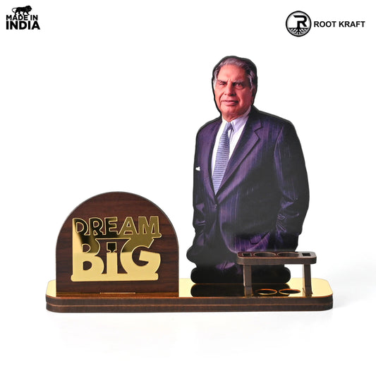 Wooden Ratan Tata and Dhirubhai Ambani Table Top with Pen Holder and Visiting Card Holder | Desk Organizer for Office and Home