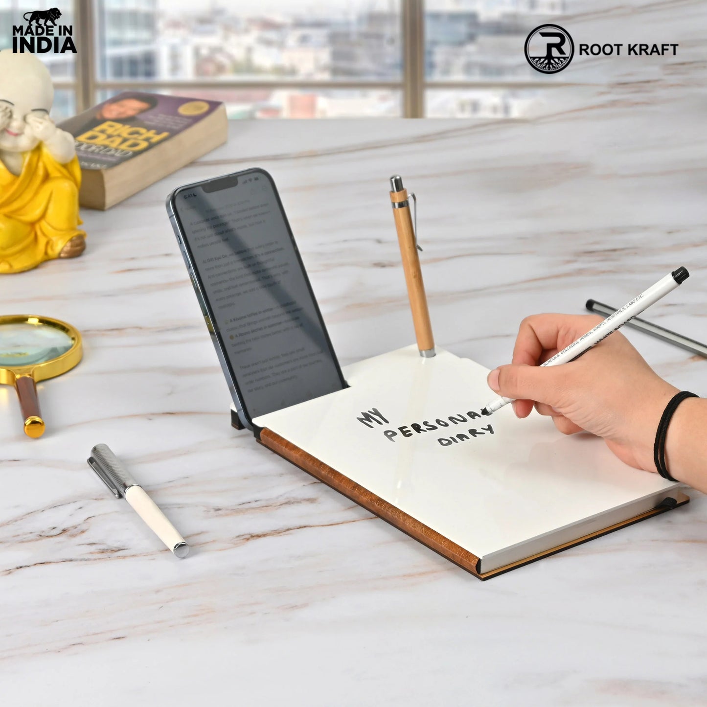 Wooden Smart Diary with White Board & Marker | A5 Notebook with Mobile & Pen Stand | Personal Use, Office & Corporate Gift