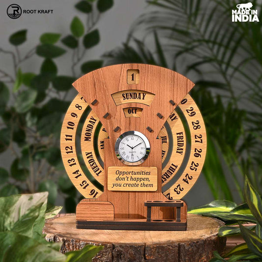 Infinite Circular Calendar With Pen, Card Holder | Clock And Photo Frame Options Available | Desk Accessories