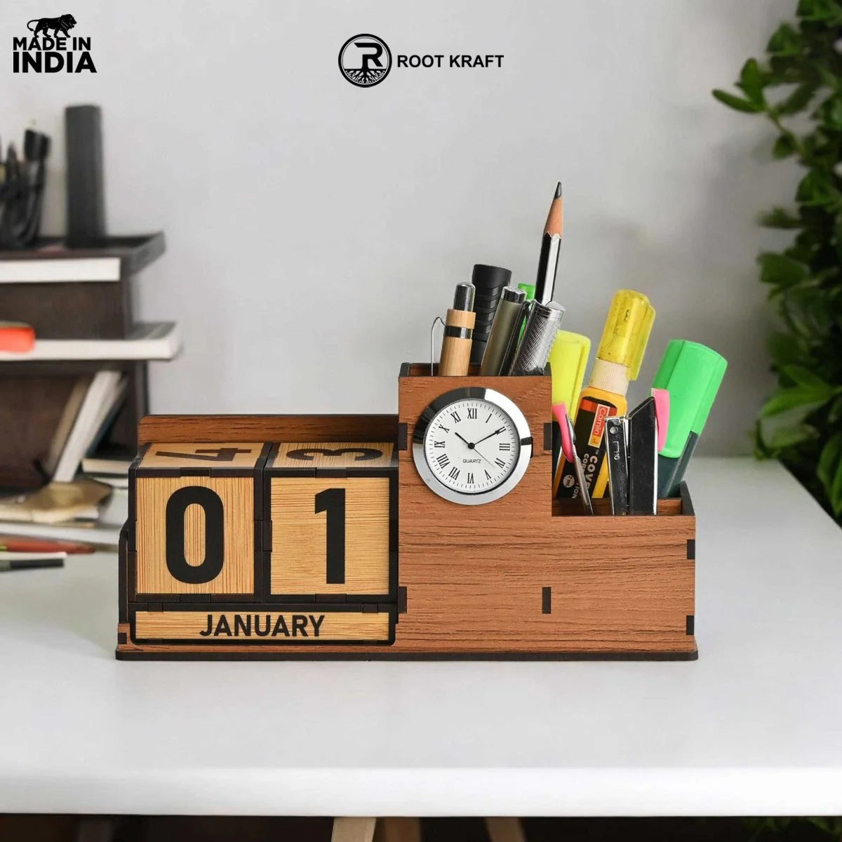 Wooden Desk Organizer with Lifetime Calendar and Clock | High-Quality Workspace Essential | Eco-Friendly