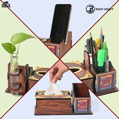 Wooden Desk Organizer with Tissue Holder and Test Tube Planter, Multipurpose Office and Home Desk Accessory – Customizable with Name and Logo