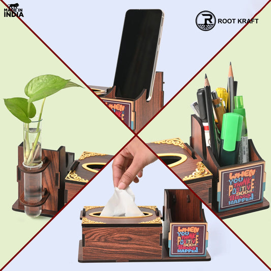 Wooden Desk Organizer with Tissue Holder and Test Tube Planter, Multipurpose Office and Home Desk Accessory – Customizable with Name and Logo