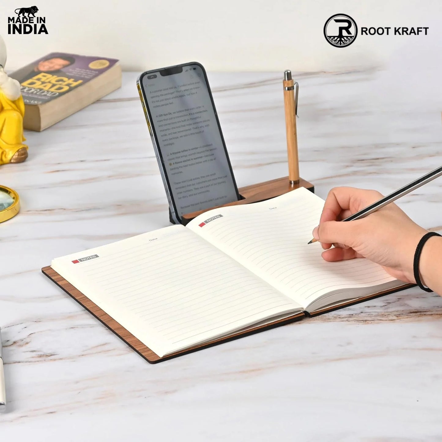 Wooden Smart Diary with Mobile Holder & Pen Stand | Includes Wooden Pen | Useful Gift For Office, Corporate & Personal Use