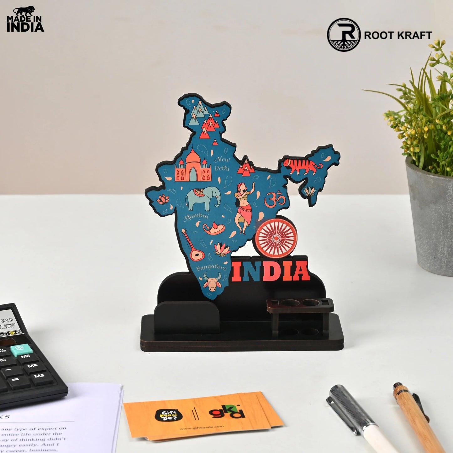 India Map Desk Table Top with Pen Holder & Visiting Card Stand – Showcasing Iconic Places, Pride Animals, and Culture | Patriotic Gifts for Republic Day & Independence Day