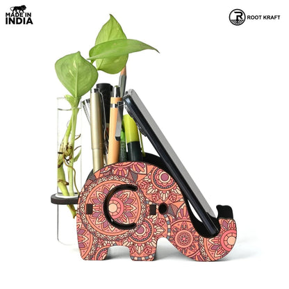 Elephant Shaped Wooden Pen Holder & Mobile Stand | Mandala Art Design | Also with Test Tube Planter