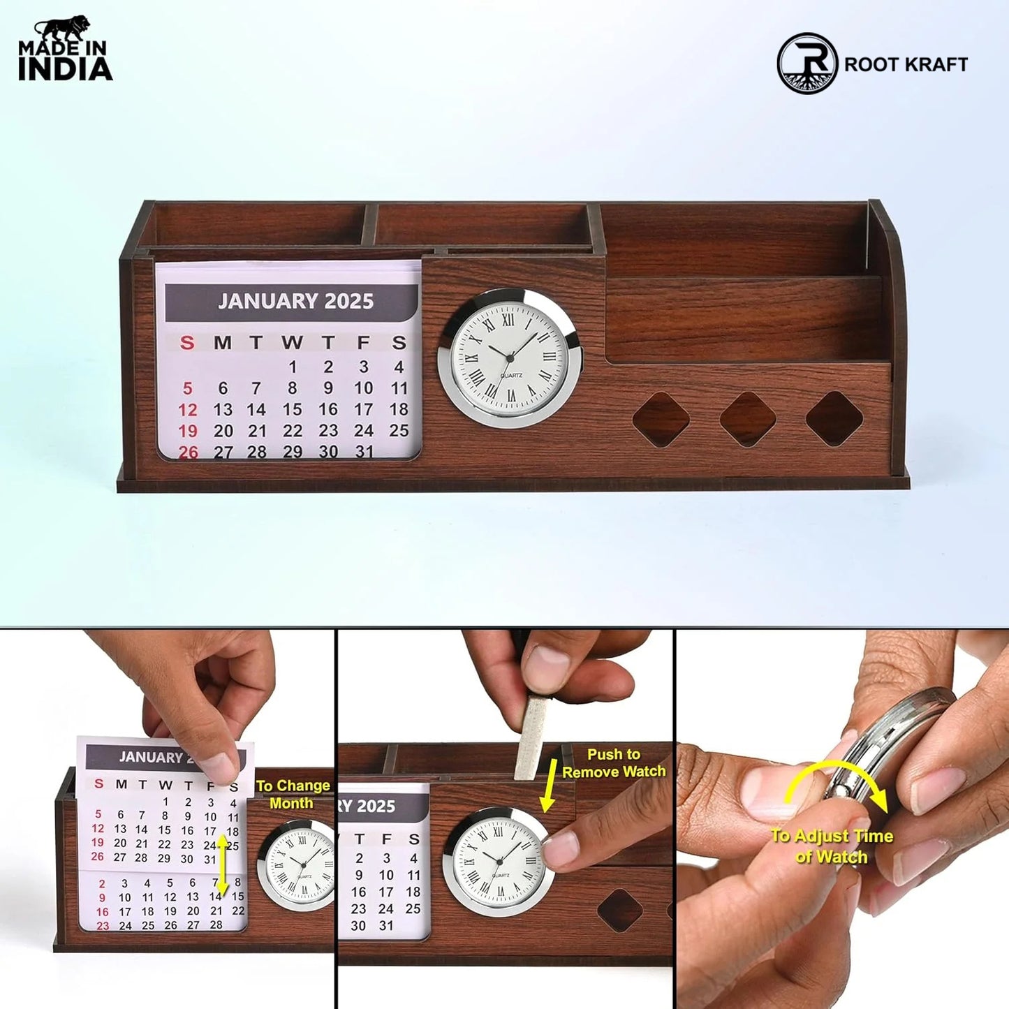 Wooden Desk Organizer with Calendar, Clock and 4 Compartments for Stationery, Mobile and Remote | Tabletop Organizer for Office and Home Use