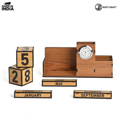 Wooden Desk Organizer with Lifetime Calendar and Clock | High-Quality Workspace Essential | Eco-Friendly