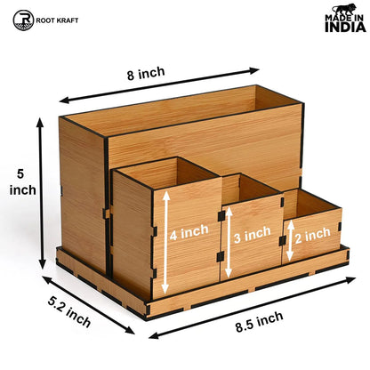 Wooden Multipurpose Desk Organizer | Table Clock | 4 Compartment Organizer