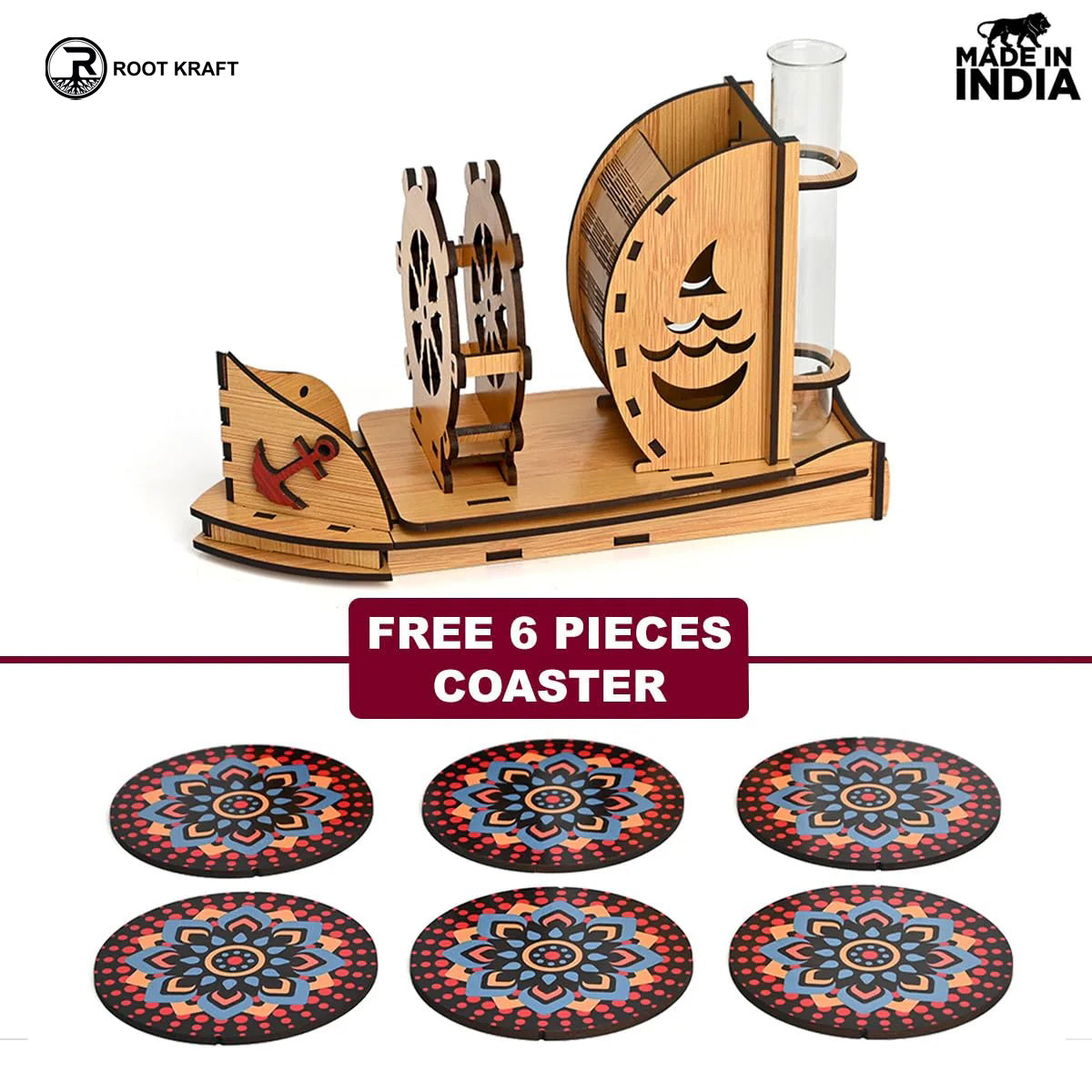 Boat Shape Coaster Stand With Set of 6 Coaster & Cute Test Tube Planter