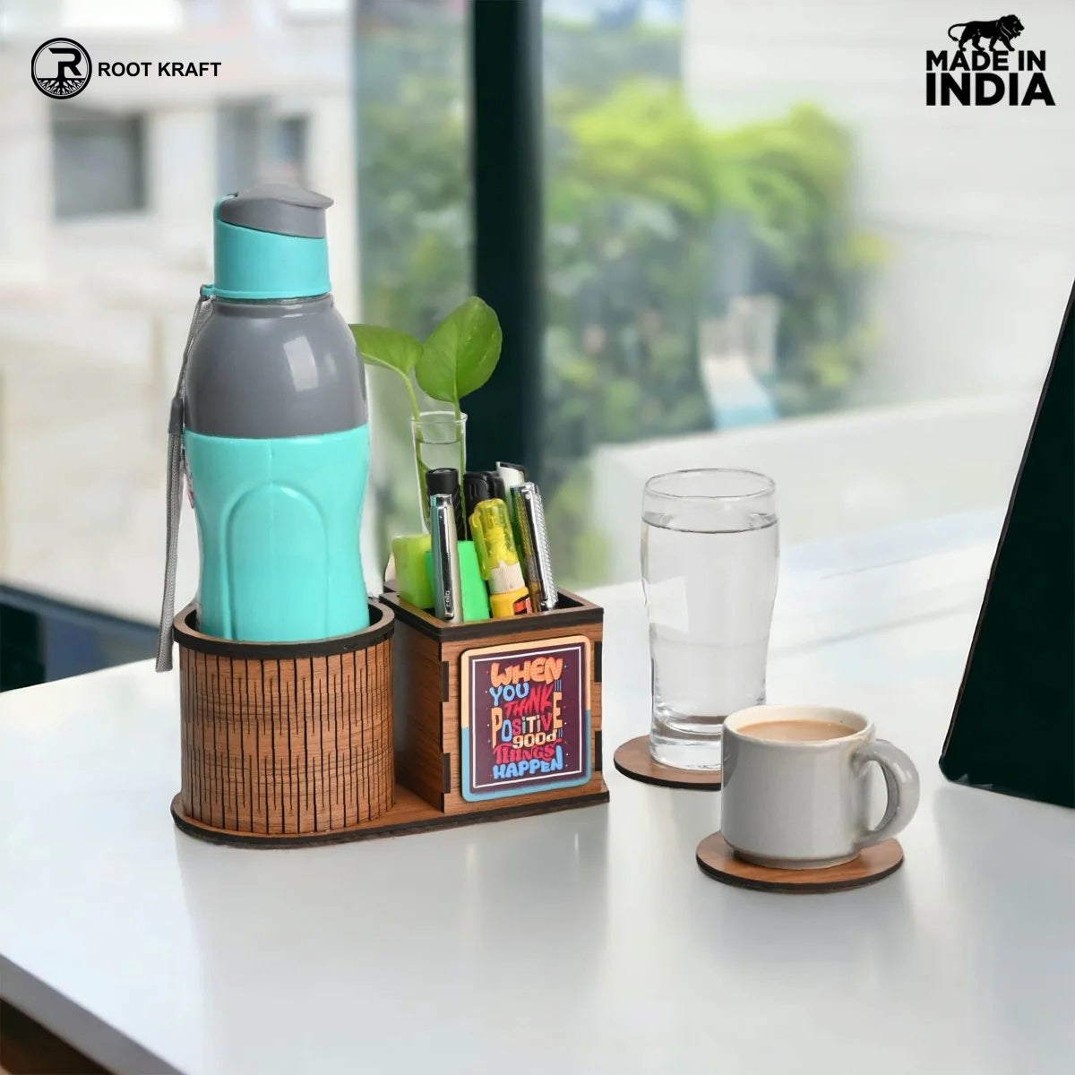 Test Tube Planter With Wooden Water Bottle Holder, Wooden Pen Stand & Coasters | Corporate Gifts | Eco-Friendly