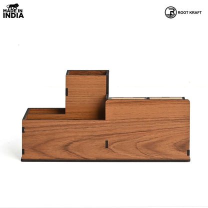Wooden Desk Organizer with Lifetime Calendar and Clock | High-Quality Workspace Essential | Eco-Friendly