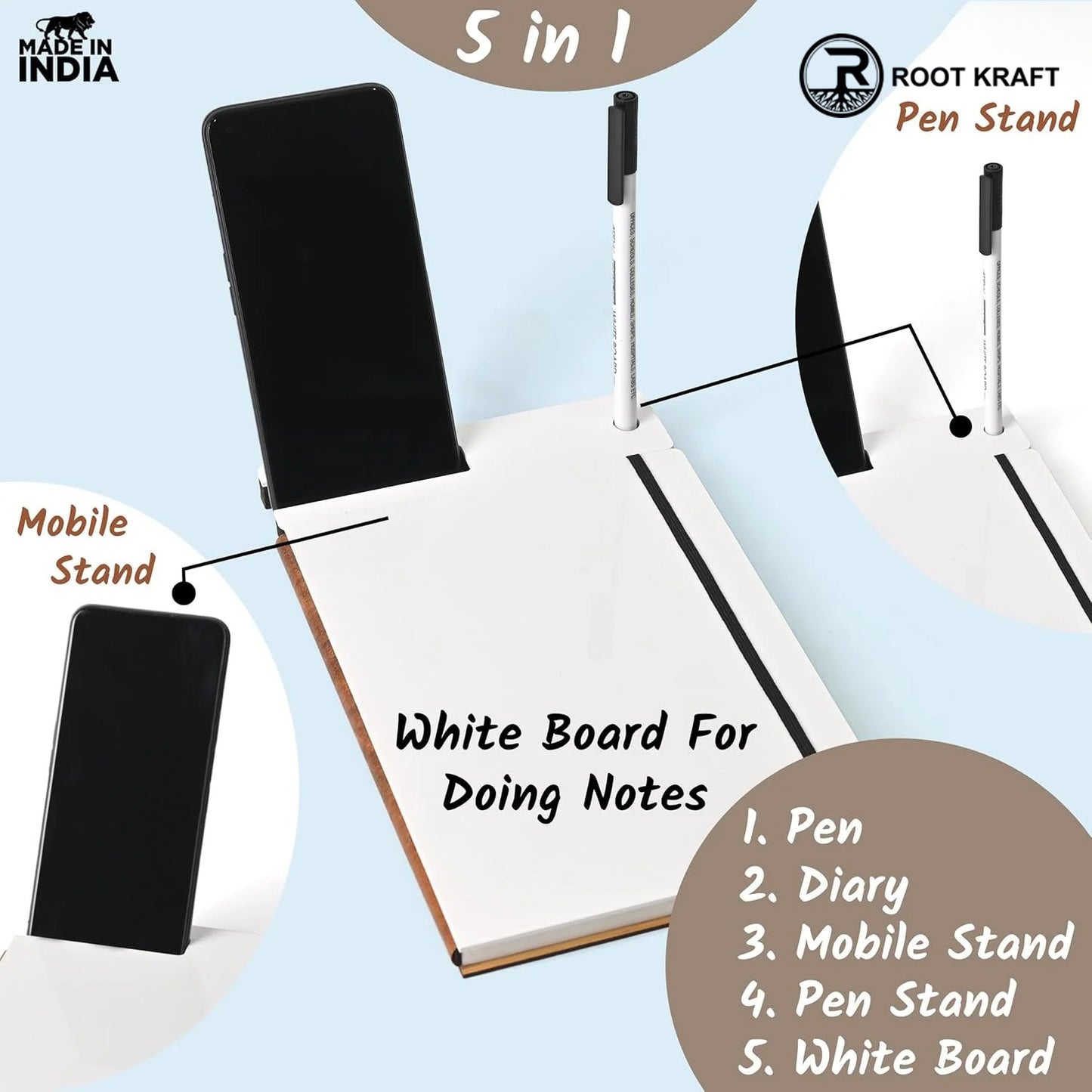 Wooden Smart Diary with White Board & Marker | A5 Notebook with Mobile & Pen Stand | Personal Use, Office & Corporate Gift