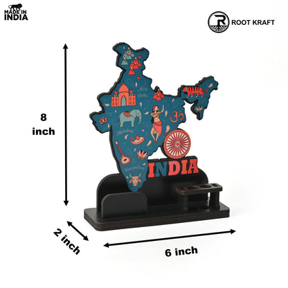 India Map Desk Table Top with Pen Holder & Visiting Card Stand – Showcasing Iconic Places, Pride Animals, and Culture | Patriotic Gifts for Republic Day & Independence Day