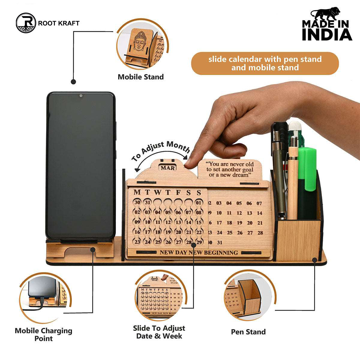 Lifetime Calendar With Desk Organizer and Mobile Stand | Desk Calendar | Mobile Accessories