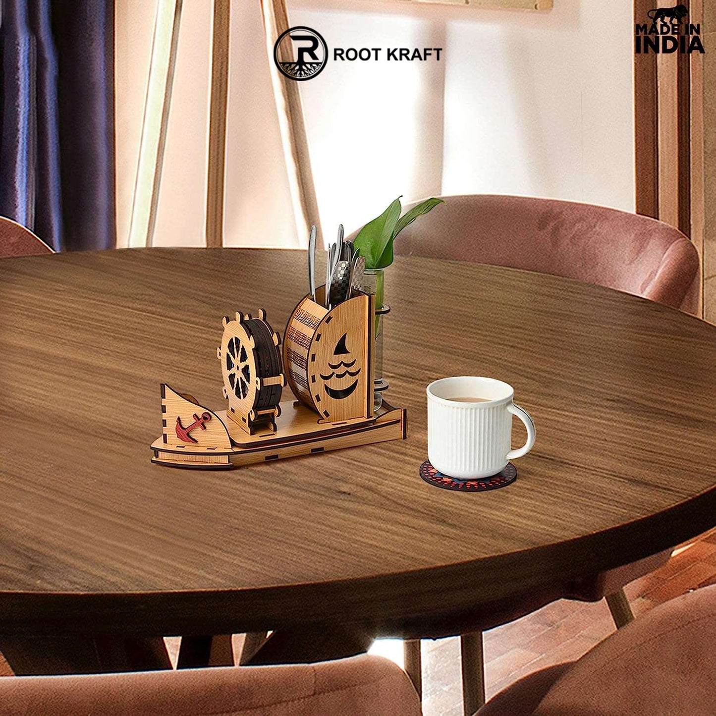 Boat Shape Coaster Stand With Set of 6 Coaster & Cute Test Tube Planter