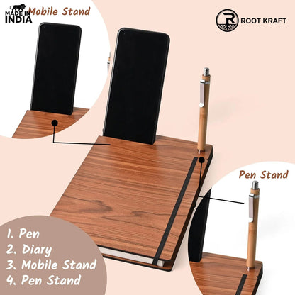 Wooden Smart Diary with Mobile Holder & Pen Stand | Includes Wooden Pen | Useful Gift For Office, Corporate & Personal Use