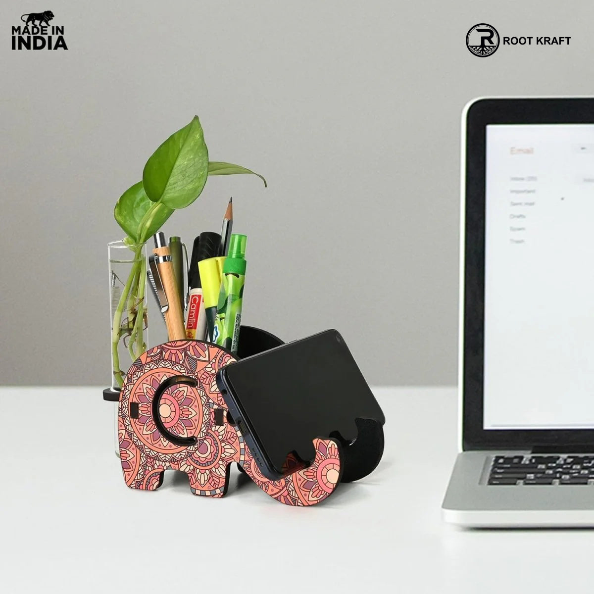 Elephant Shaped Wooden Pen Holder & Mobile Stand | Mandala Art Design | Also with Test Tube Planter