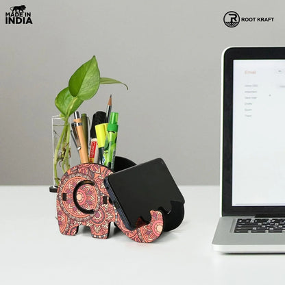 Elephant Shaped Wooden Pen Holder & Mobile Stand | Mandala Art Design | Also with Test Tube Planter