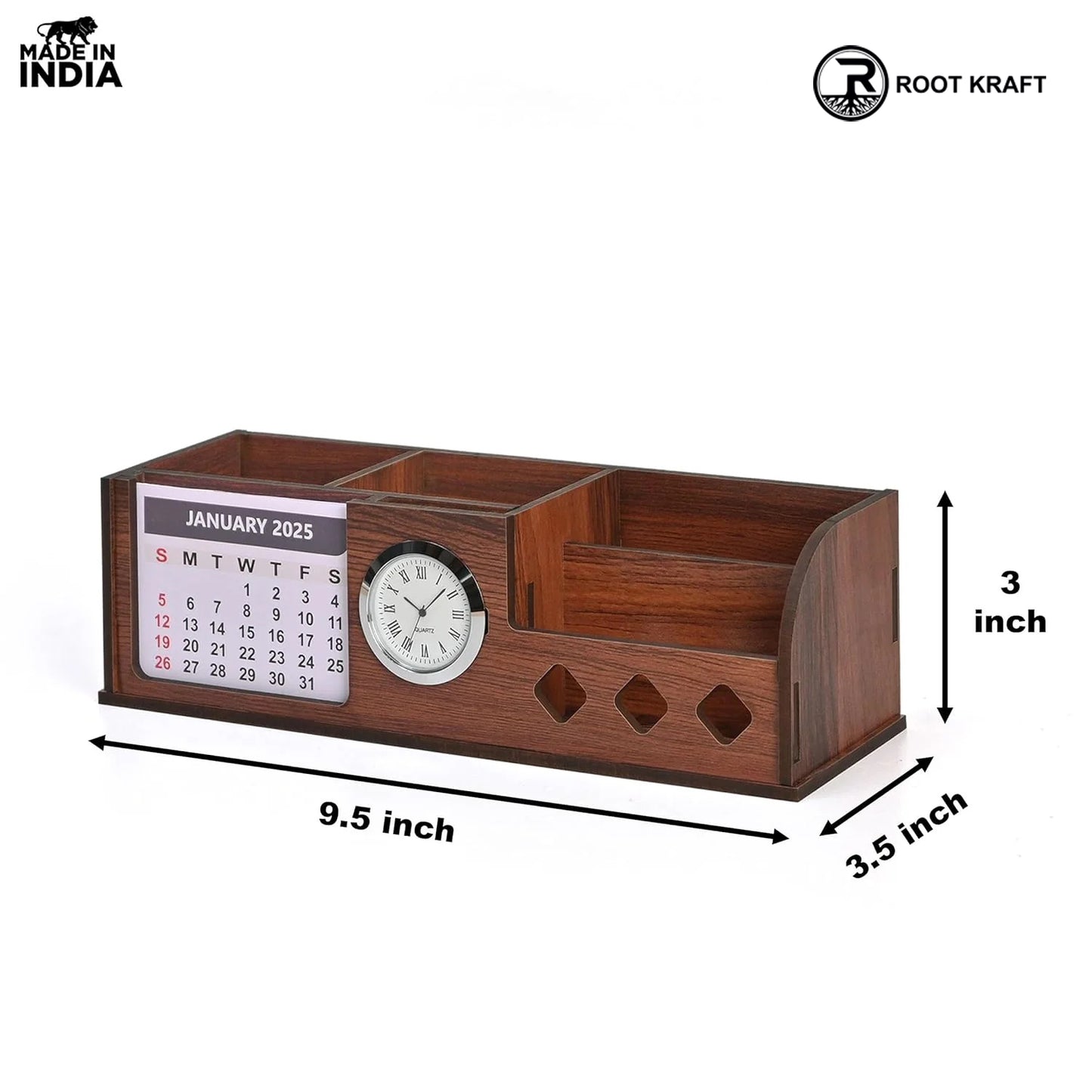 Wooden Desk Organizer with Calendar, Clock and 4 Compartments for Stationery, Mobile and Remote | Tabletop Organizer for Office and Home Use