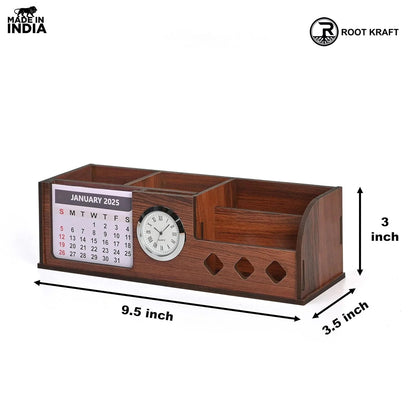 Wooden Desk Organizer with Calendar, Clock and 4 Compartments for Stationery, Mobile and Remote | Tabletop Organizer for Office and Home Use