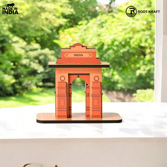 India Gate Wooden Desk Organizer with Test Tube Planter, Pen Stand & Visiting Card Holder | Table Top Patriotic Souvenir | Independence Day Gift