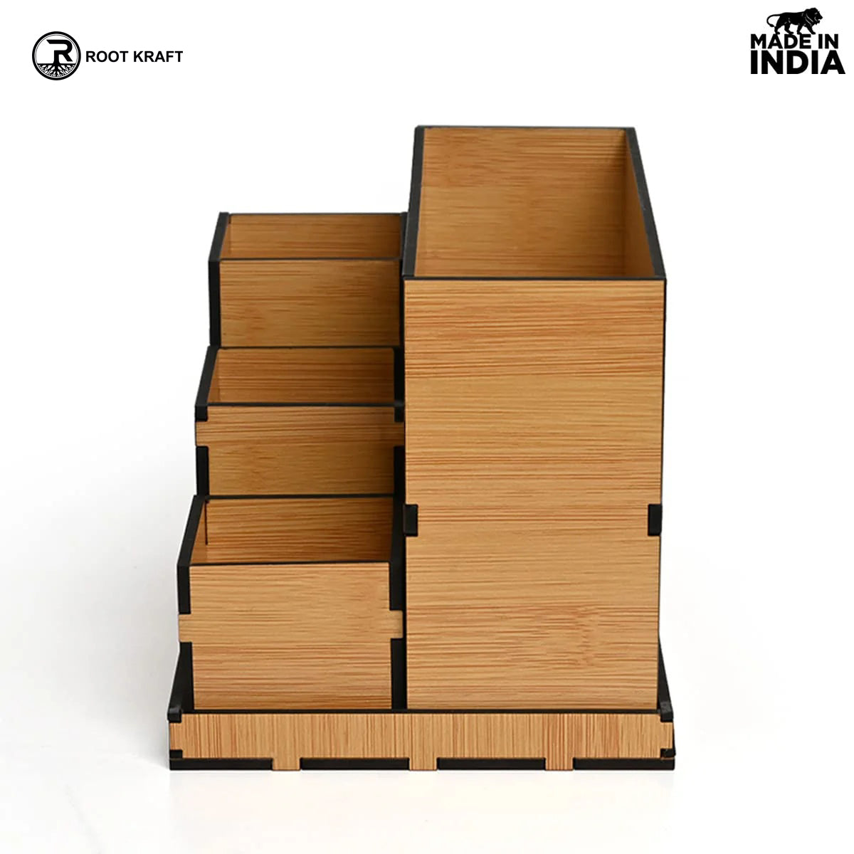 Wooden Multipurpose Desk Organizer | Table Clock | 4 Compartment Organizer