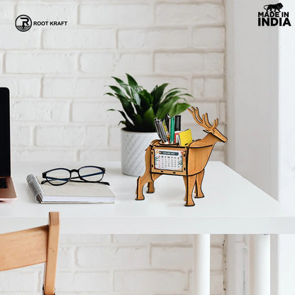 Deer Showpiece | Desk Organizer With Clock & Calendar 2024 | Home & Office Decor