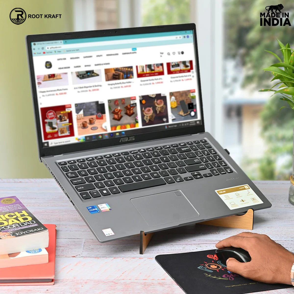 Cross Laptop Stand For Desk With Mobile Stand | Portable Easy to Carry | Compatible with All (2 pc Combo Pack) (eco Friendly)