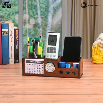 Wooden Desk Organizer with Calendar, Clock and 4 Compartments for Stationery, Mobile and Remote | Tabletop Organizer for Office and Home Use