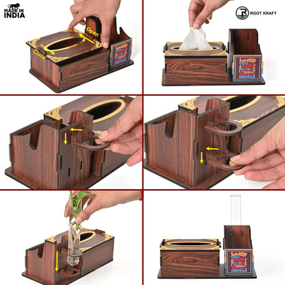Wooden Desk Organizer with Tissue Holder and Test Tube Planter, Multipurpose Office and Home Desk Accessory – Customizable with Name and Logo