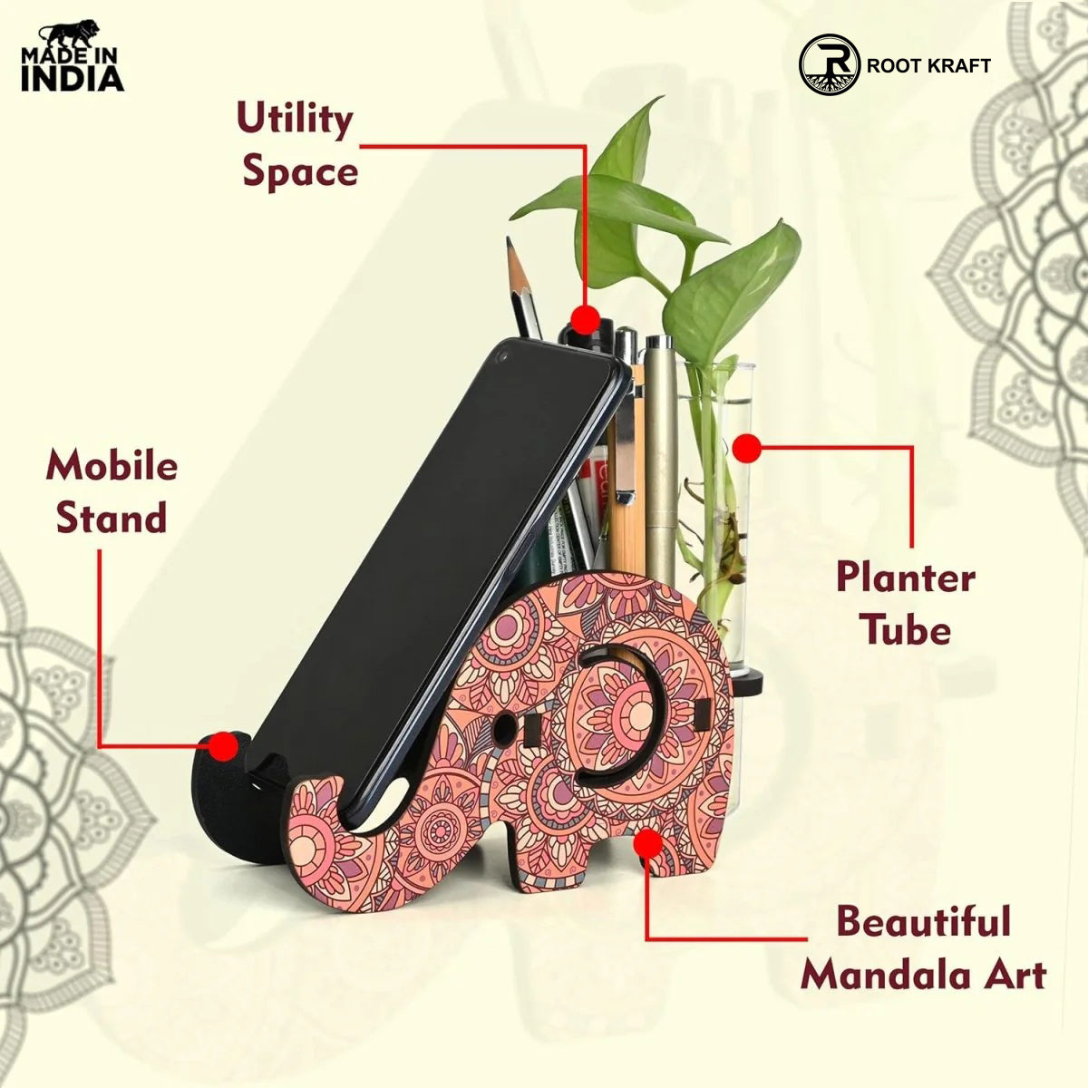 Elephant Shaped Wooden Pen Holder & Mobile Stand | Mandala Art Design | Also with Test Tube Planter