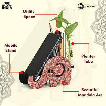 Elephant Shaped Wooden Pen Holder & Mobile Stand | Mandala Art Design | Also with Test Tube Planter