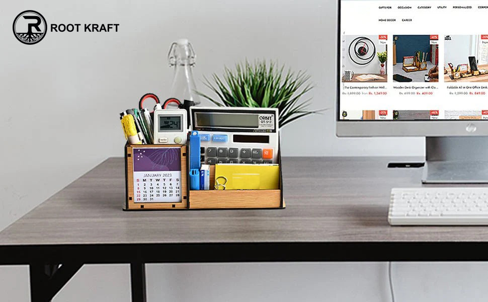 3 Compartment Desk Organizer With 2025 Calendar | Desk Calendar | Desk Accessories