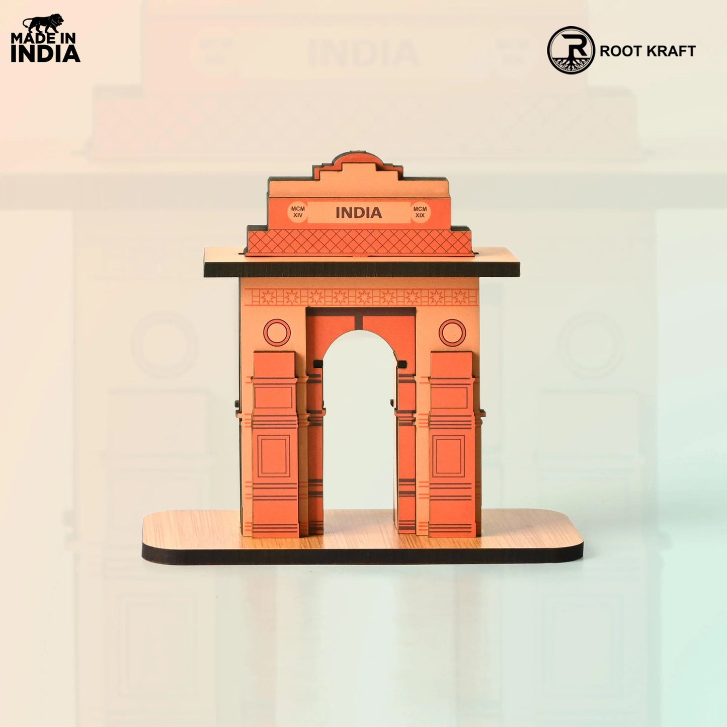 India Gate Wooden Desk Organizer with Test Tube Planter, Pen Stand & Visiting Card Holder | Table Top Patriotic Souvenir | Independence Day Gift