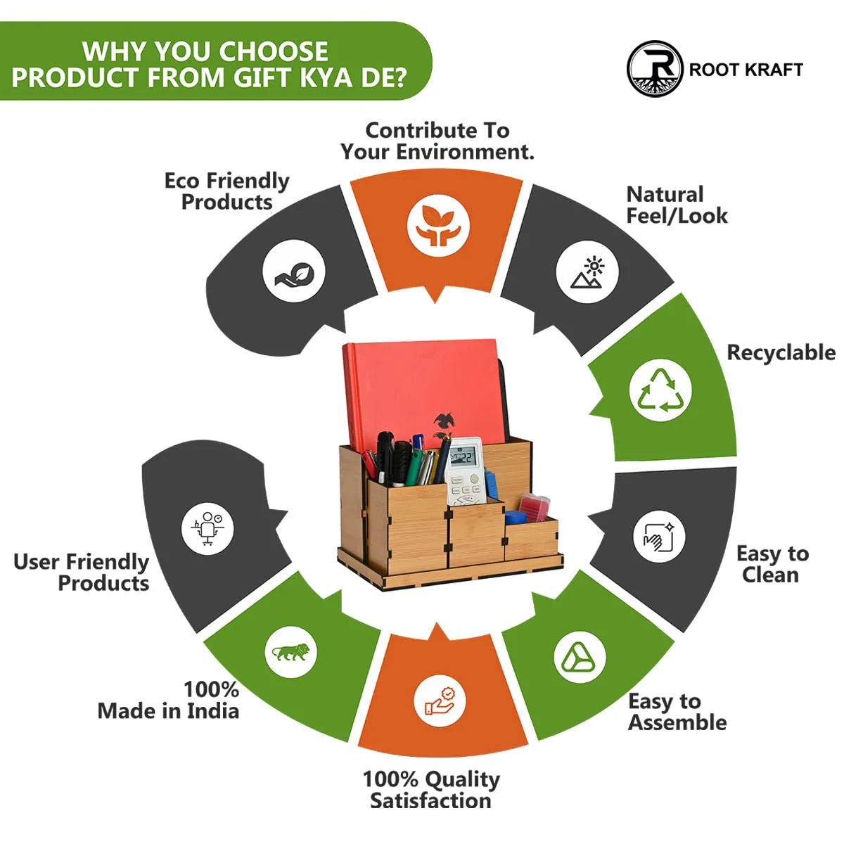 Wooden Multipurpose Desk Organizer | Table Clock | 4 Compartment Organizer