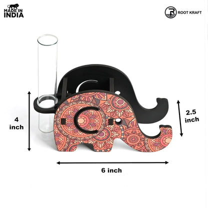 Elephant Shaped Wooden Pen Holder & Mobile Stand | Mandala Art Design | Also with Test Tube Planter