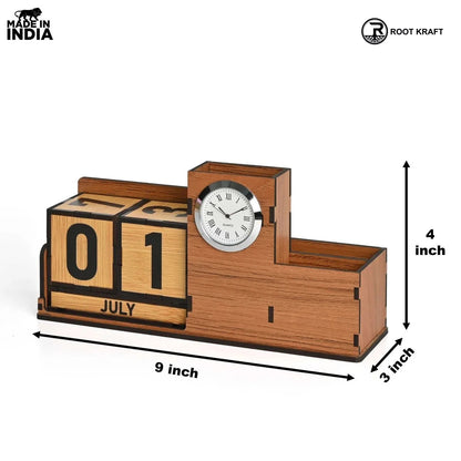 Wooden Desk Organizer with Lifetime Calendar and Clock | High-Quality Workspace Essential | Eco-Friendly