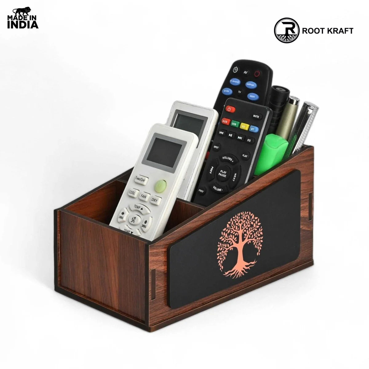 Remote Stand with 3 Sections | Wooden Remote Holder for TV and AC | Stationary Organizer